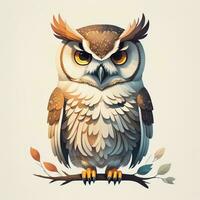 Owl sitting on a branch with leaves. Vector illustration in retro style. ai generative photo