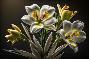 ramo de flores de azafrán y tulipanes en sólido color antecedentes. ai generativo foto