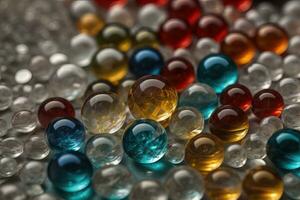 Colorful glass marbles on a the table. Selective focus. ai generative photo