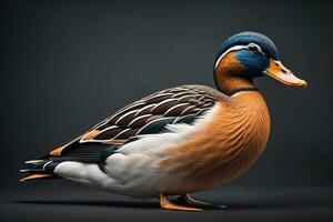 Beautiful duck on a solid color background. ai generative photo