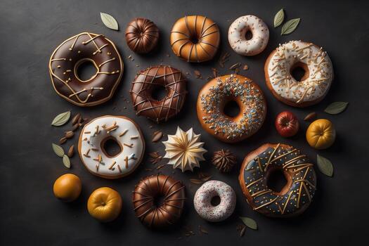 Variety of donuts on a solid color background. Top view. ai generative photo