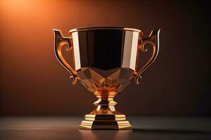 Golden trophy cup on wooden table. Award concept. ai generative photo