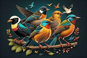 Vector illustration of a group of colorful birds sitting on a branch. ai generative photo