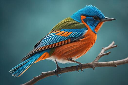 Beautiful blue bird on a branch in the rays of the setting sun. ai generative photo