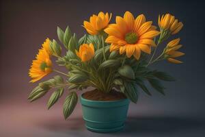 Flowers in a pot on a solid color background. ai generative photo