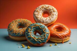 Variety of donuts on a solid color background. Top view. ai generative photo