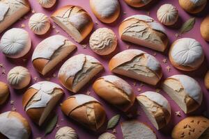 Freshly baked sweet buns on a red background. Toned. ai generative photo