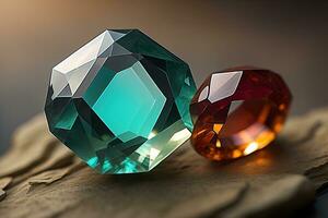 Brilliant multicolored sapphire on a surface. ai generative photo