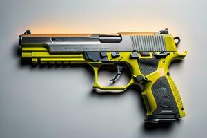 Semi-automatic handgun on a solid color background. Close-up. ai generative photo