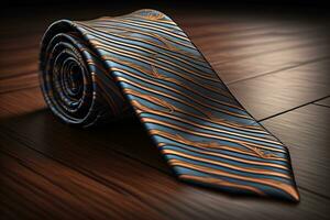 a necktie on a wooden background with reflection. ai generative photo