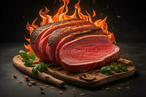 Raw beef sirloin steak with ingredients for cooking on wooden background. ai generative photo