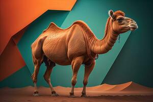 Camel head on solid color background, close up. Vintage style. ai generative photo