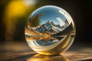 Transparent crystal ball on a wooden table. ai generative photo