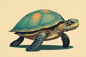 ilustración de un Tortuga en un verde antecedentes en dibujos animados estilo. ai generativo foto