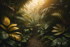 A pathway in tropical rainforest with palm trees and path in the mist. ai generative photo