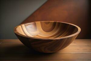 Empty wooden bowl on wooden background. Top view. Copy space. ai generative photo