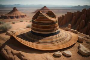 de moda sombrero en un sólido color antecedentes. ai generativo foto