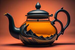 A ceramic teapot on a colid color background. ai generative photo