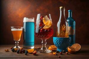 Glasses of sangria with fruits and berries on solid color background. ai generative photo