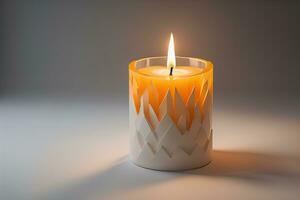 Burning aroma candle on wooden table against solid color background, copyspace. ai generative photo