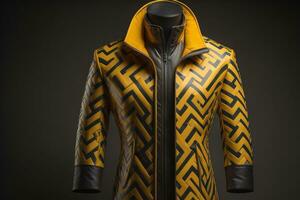 Stylish suits on mannequins on solid color background, closeup. ai generative photo