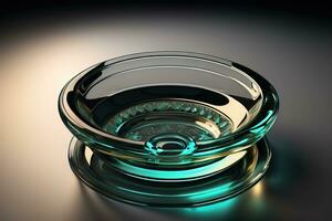 Empty glossy transparent ashtray on a dark background. ai generative photo