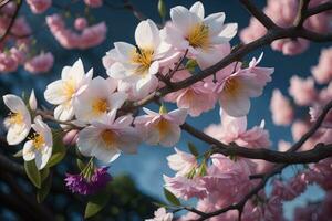 Cereza florecer sakura flor en azul cielo fondo, ai generativo foto