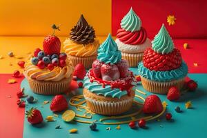 Homemade cakes on a solid colors background, top view. ai generative photo