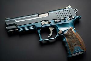 Semi-automatic handgun on a solid color background. Close-up. ai generative photo