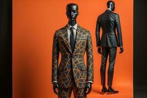 Stylish suits on mannequins on solid color background, closeup. ai generative photo