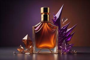 Creative and brandless Perfume bottle and flower on the wooden table, closeup. ai generative photo