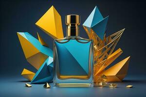 Creative and brandless Perfume bottle and flower on the wooden table, closeup. ai generative photo