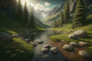 Beautiful fantasy landscape with a river in the mountains. ai generative photo