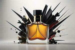 Creative and brandless Perfume bottle and flower on the wooden table, closeup. ai generative photo