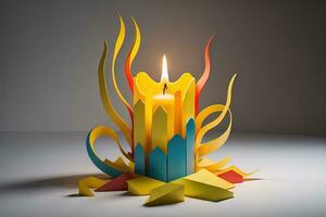 Burning aroma candle on wooden table against solid color background, copyspace. ai generative photo