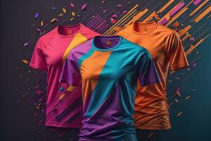 Colorful t-shirts in front of dark background. ai generative photo