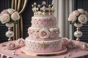 Wedding cake decorated with pink roses and gold crown on the table. ai generative photo