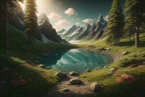 Beautiful fantasy landscape with a river in the mountains. ai generative photo