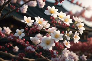 cherry blossom sakura flower on blue sky background, ai generative photo