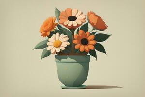 Flowerpot with daisies. Vector illustration in retro style. ai generative photo