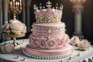 Wedding cake decorated with pink roses and gold crown on the table. ai generative photo