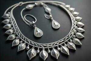 Silver necklace on a solid color background in close-up. ai generative photo