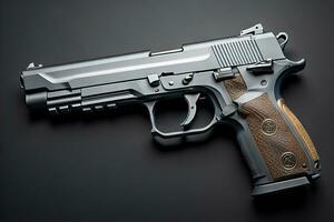 Semi-automatic handgun on a solid color background. Close-up. ai generative photo