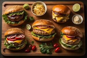 Hamburgers with french fries on wooden table, closeup. ai generative photo