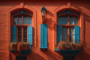 vistoso ventanas de un típico casa en el ciudad, ai generativo foto