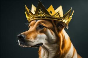 Portrait of a cute dog in a golden crown on a solid color background. ai generative photo