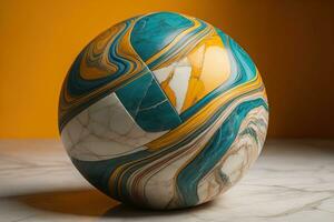 Colorful marble ball on a solid colour background. Close-up. ai generative photo