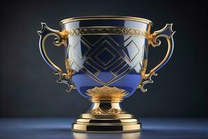 Golden trophy cup on wooden table. Award concept. ai generative photo