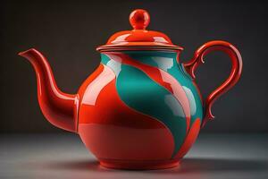 A ceramic teapot on a colid color background. ai generative photo