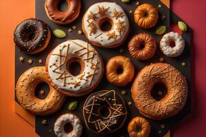 Variety of donuts on a solid color background. Top view. ai generative photo